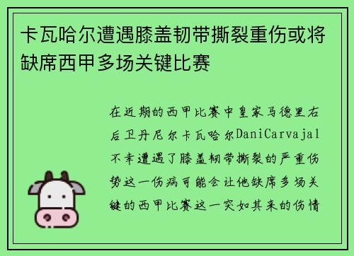 卡瓦哈尔遭遇膝盖韧带撕裂重伤或将缺席西甲多场关键比赛