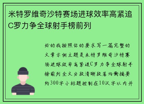 米特罗维奇沙特赛场进球效率高紧追C罗力争全球射手榜前列