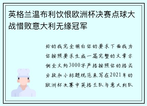 英格兰温布利饮恨欧洲杯决赛点球大战惜败意大利无缘冠军