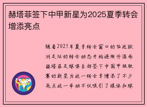 赫塔菲签下中甲新星为2025夏季转会增添亮点