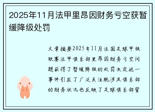 2025年11月法甲里昂因财务亏空获暂缓降级处罚